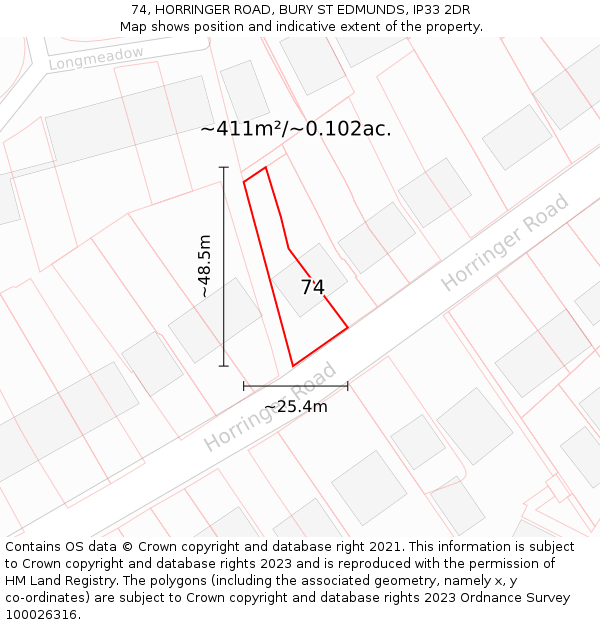 74, HORRINGER ROAD, BURY ST EDMUNDS, IP33 2DR: Plot and title map