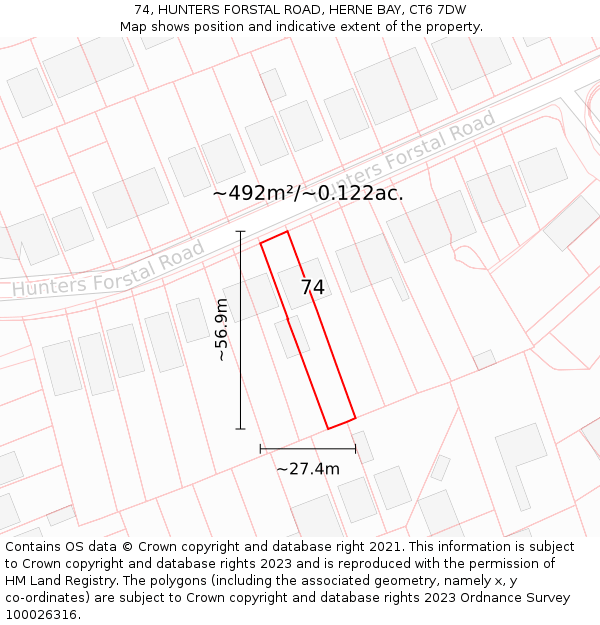 74, HUNTERS FORSTAL ROAD, HERNE BAY, CT6 7DW: Plot and title map