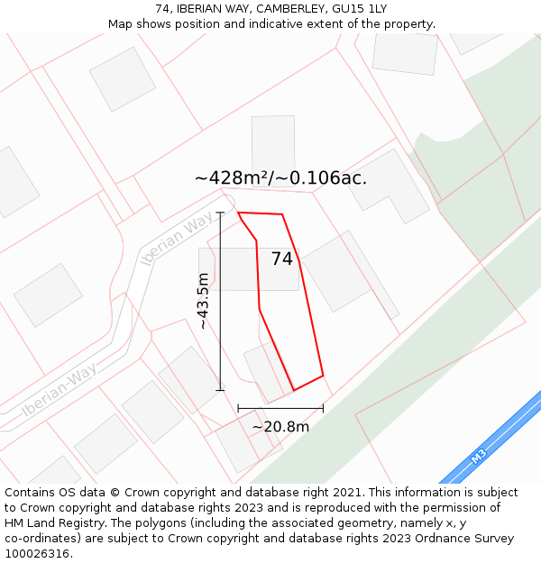 74, IBERIAN WAY, CAMBERLEY, GU15 1LY: Plot and title map