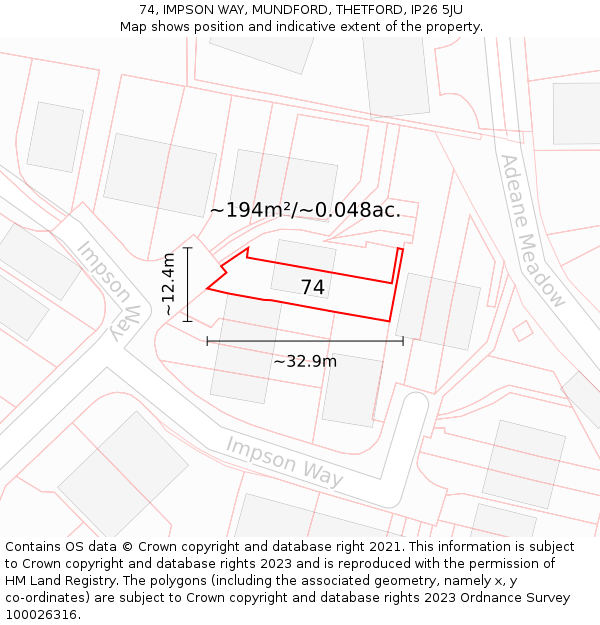 74, IMPSON WAY, MUNDFORD, THETFORD, IP26 5JU: Plot and title map