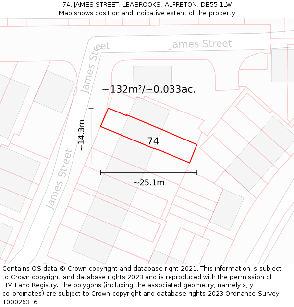 74, JAMES STREET, LEABROOKS, ALFRETON, DE55 1LW: Plot and title map