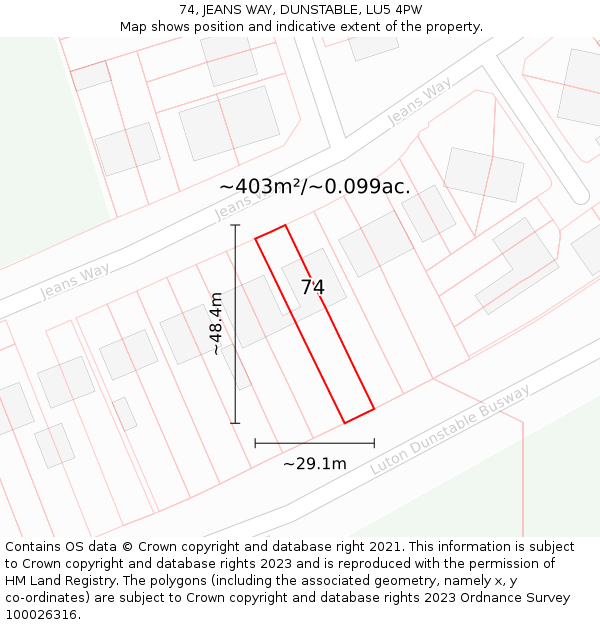 74, JEANS WAY, DUNSTABLE, LU5 4PW: Plot and title map