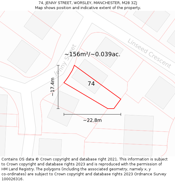 74, JENNY STREET, WORSLEY, MANCHESTER, M28 3ZJ: Plot and title map