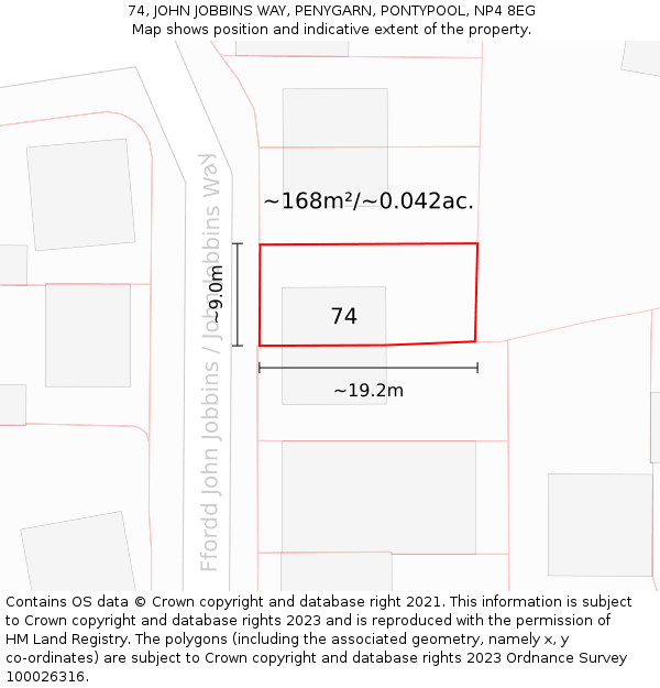 74, JOHN JOBBINS WAY, PENYGARN, PONTYPOOL, NP4 8EG: Plot and title map