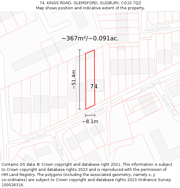 74, KINGS ROAD, GLEMSFORD, SUDBURY, CO10 7QZ: Plot and title map