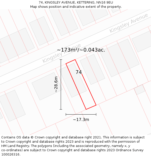 74, KINGSLEY AVENUE, KETTERING, NN16 9EU: Plot and title map