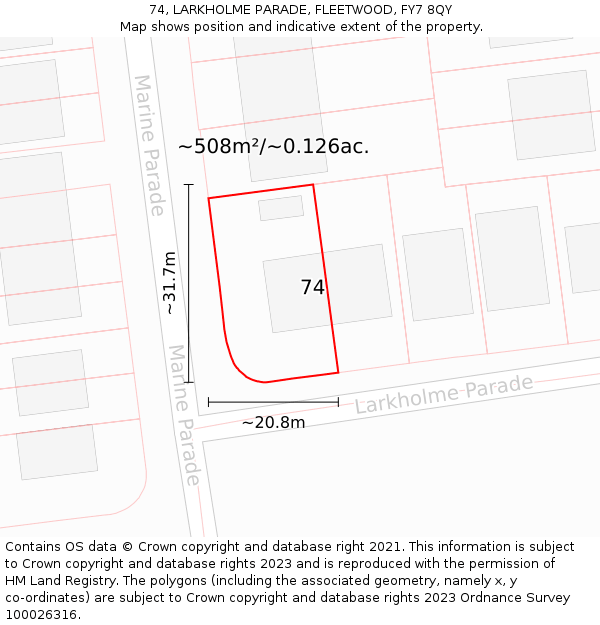 74, LARKHOLME PARADE, FLEETWOOD, FY7 8QY: Plot and title map