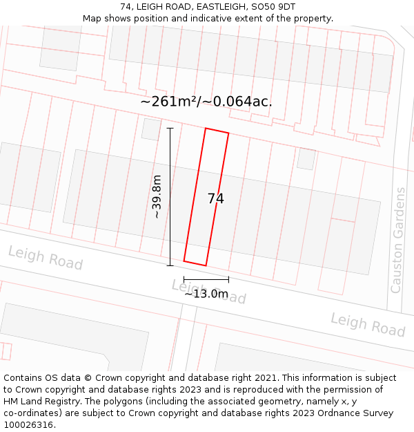 74, LEIGH ROAD, EASTLEIGH, SO50 9DT: Plot and title map