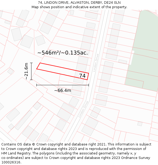 74, LINDON DRIVE, ALVASTON, DERBY, DE24 0LN: Plot and title map
