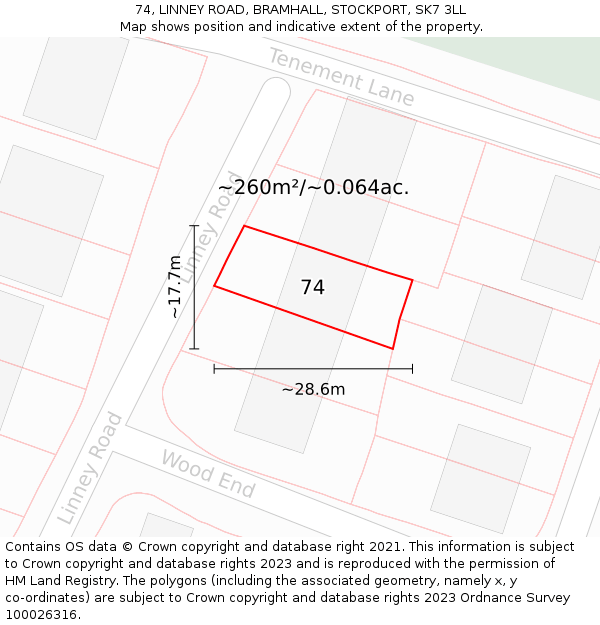 74, LINNEY ROAD, BRAMHALL, STOCKPORT, SK7 3LL: Plot and title map