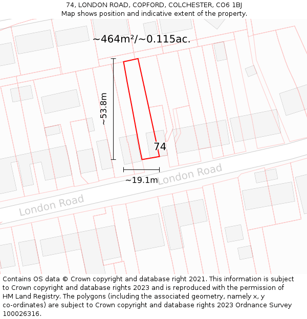 74, LONDON ROAD, COPFORD, COLCHESTER, CO6 1BJ: Plot and title map