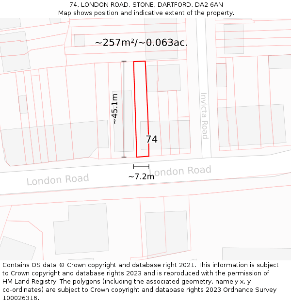 74, LONDON ROAD, STONE, DARTFORD, DA2 6AN: Plot and title map