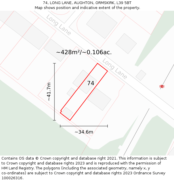 74, LONG LANE, AUGHTON, ORMSKIRK, L39 5BT: Plot and title map