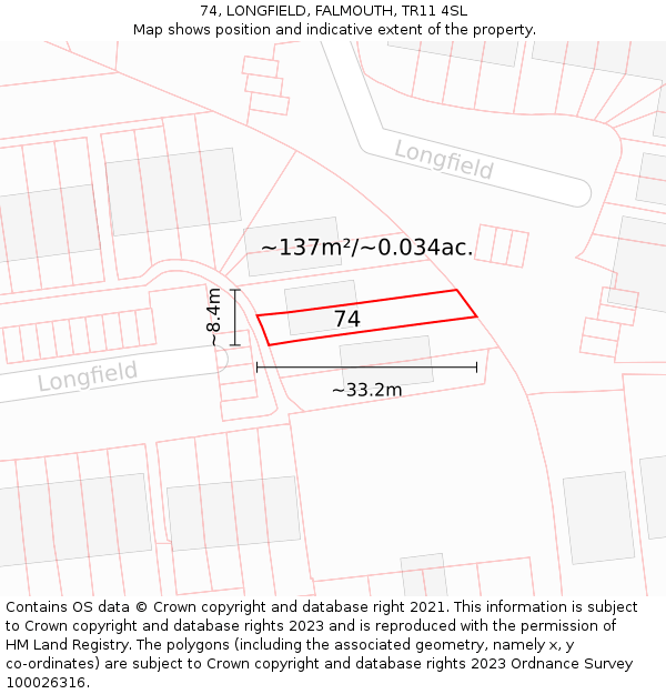 74, LONGFIELD, FALMOUTH, TR11 4SL: Plot and title map