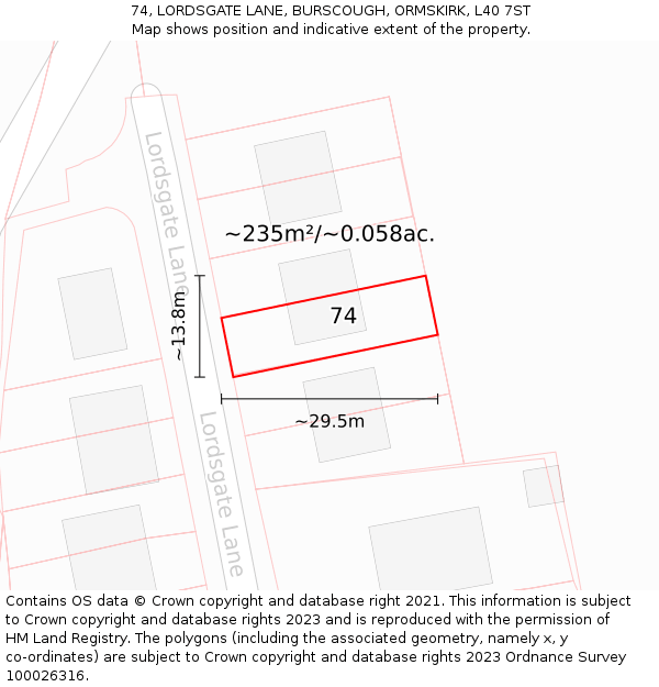 74, LORDSGATE LANE, BURSCOUGH, ORMSKIRK, L40 7ST: Plot and title map