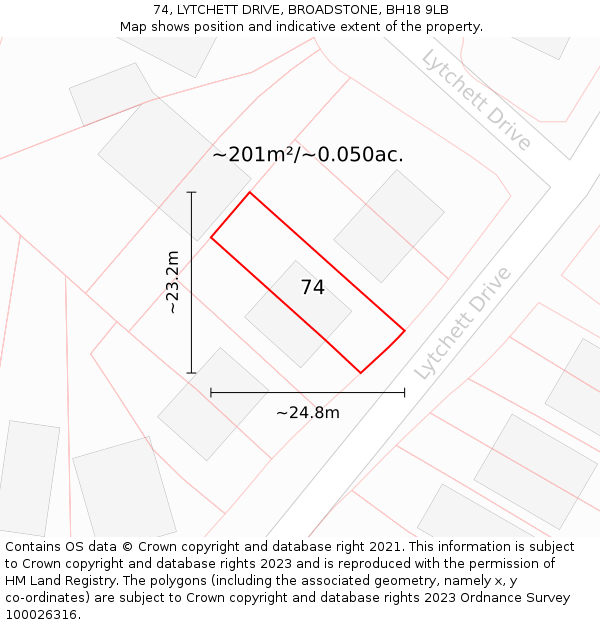 74, LYTCHETT DRIVE, BROADSTONE, BH18 9LB: Plot and title map