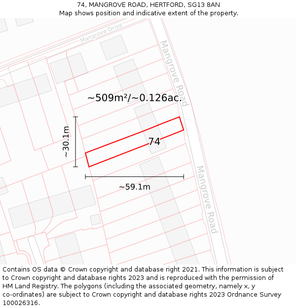 74, MANGROVE ROAD, HERTFORD, SG13 8AN: Plot and title map