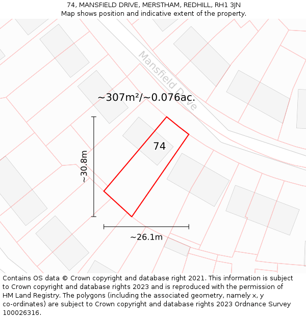 74, MANSFIELD DRIVE, MERSTHAM, REDHILL, RH1 3JN: Plot and title map