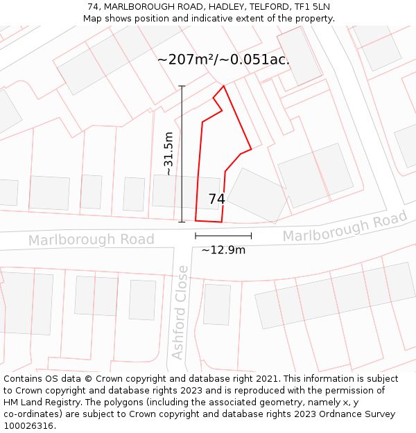 74, MARLBOROUGH ROAD, HADLEY, TELFORD, TF1 5LN: Plot and title map