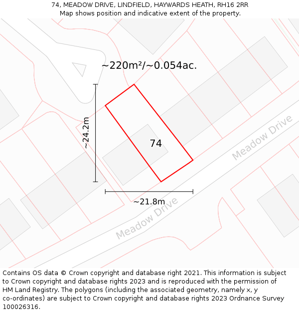 74, MEADOW DRIVE, LINDFIELD, HAYWARDS HEATH, RH16 2RR: Plot and title map