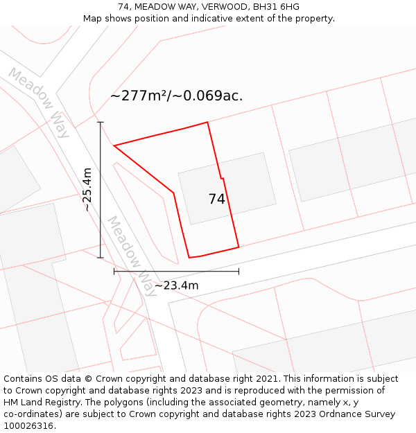 74, MEADOW WAY, VERWOOD, BH31 6HG: Plot and title map