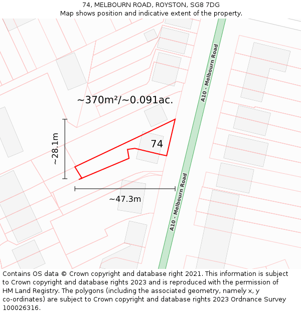 74, MELBOURN ROAD, ROYSTON, SG8 7DG: Plot and title map