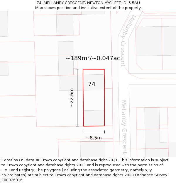 74, MELLANBY CRESCENT, NEWTON AYCLIFFE, DL5 5AU: Plot and title map