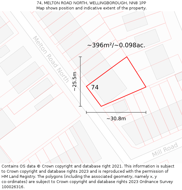 74, MELTON ROAD NORTH, WELLINGBOROUGH, NN8 1PP: Plot and title map