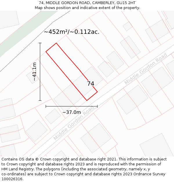 74, MIDDLE GORDON ROAD, CAMBERLEY, GU15 2HT: Plot and title map