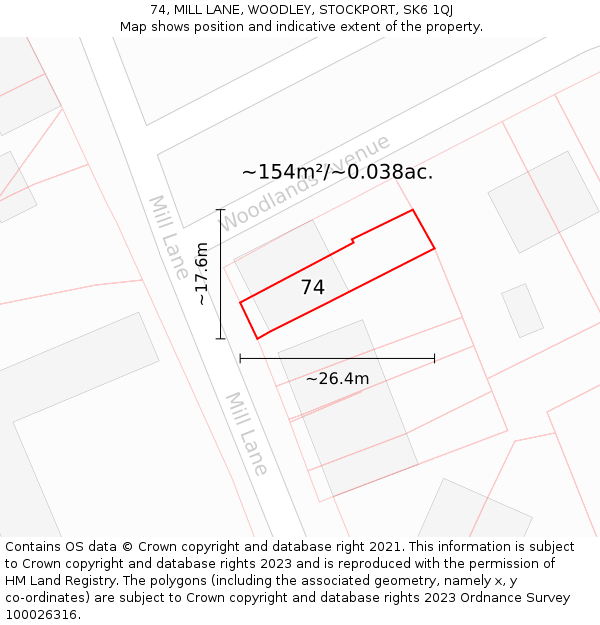 74, MILL LANE, WOODLEY, STOCKPORT, SK6 1QJ: Plot and title map