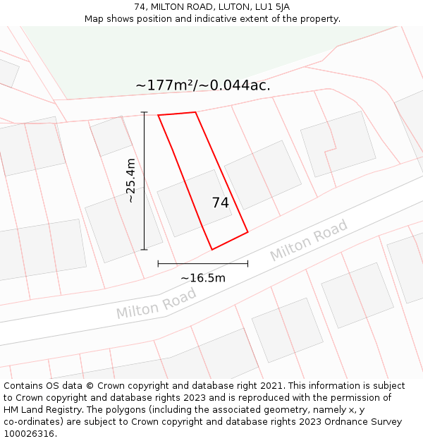 74, MILTON ROAD, LUTON, LU1 5JA: Plot and title map