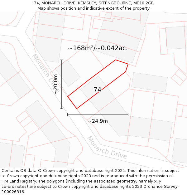 74, MONARCH DRIVE, KEMSLEY, SITTINGBOURNE, ME10 2GR: Plot and title map