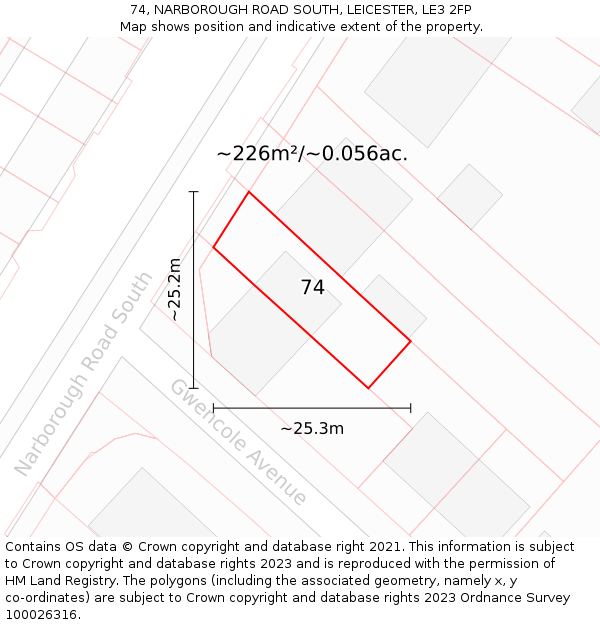 74, NARBOROUGH ROAD SOUTH, LEICESTER, LE3 2FP: Plot and title map