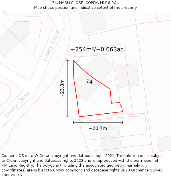 74, NASH CLOSE, CORBY, NN18 0QU: Plot and title map