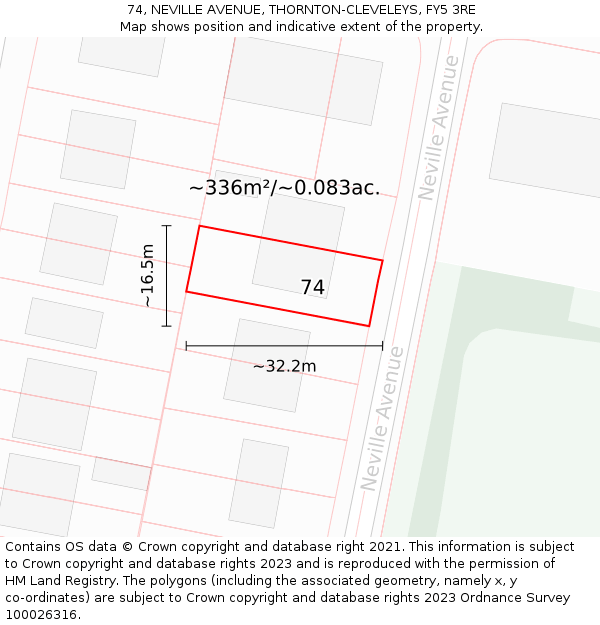 74, NEVILLE AVENUE, THORNTON-CLEVELEYS, FY5 3RE: Plot and title map