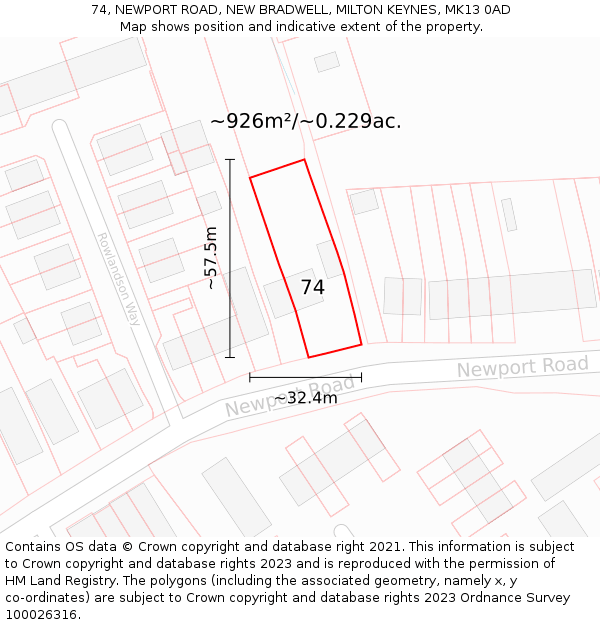 74, NEWPORT ROAD, NEW BRADWELL, MILTON KEYNES, MK13 0AD: Plot and title map