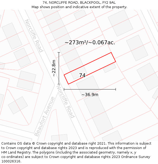 74, NORCLIFFE ROAD, BLACKPOOL, FY2 9AL: Plot and title map