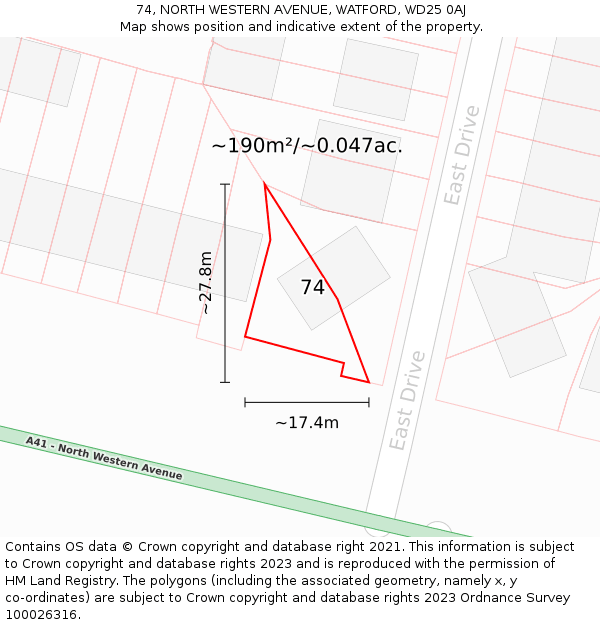 74, NORTH WESTERN AVENUE, WATFORD, WD25 0AJ: Plot and title map