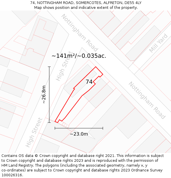 74, NOTTINGHAM ROAD, SOMERCOTES, ALFRETON, DE55 4LY: Plot and title map