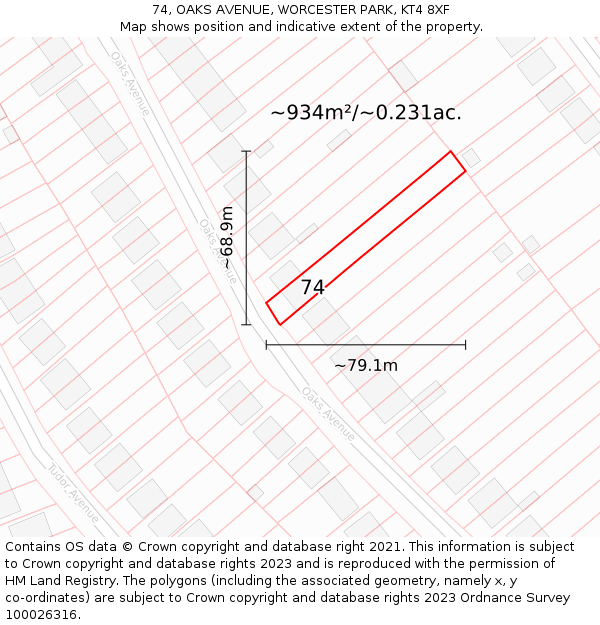 74, OAKS AVENUE, WORCESTER PARK, KT4 8XF: Plot and title map
