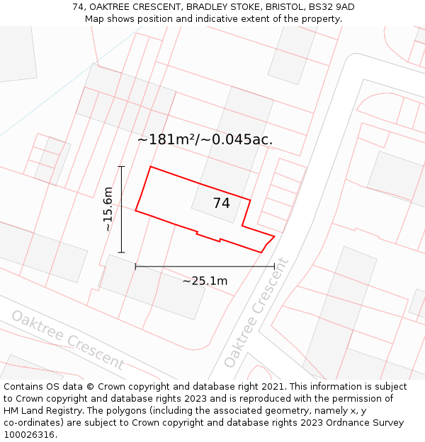 74, OAKTREE CRESCENT, BRADLEY STOKE, BRISTOL, BS32 9AD: Plot and title map