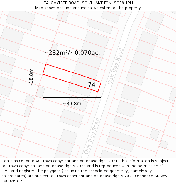 74, OAKTREE ROAD, SOUTHAMPTON, SO18 1PH: Plot and title map