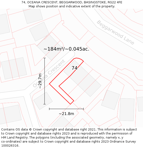 74, OCEANA CRESCENT, BEGGARWOOD, BASINGSTOKE, RG22 4FE: Plot and title map