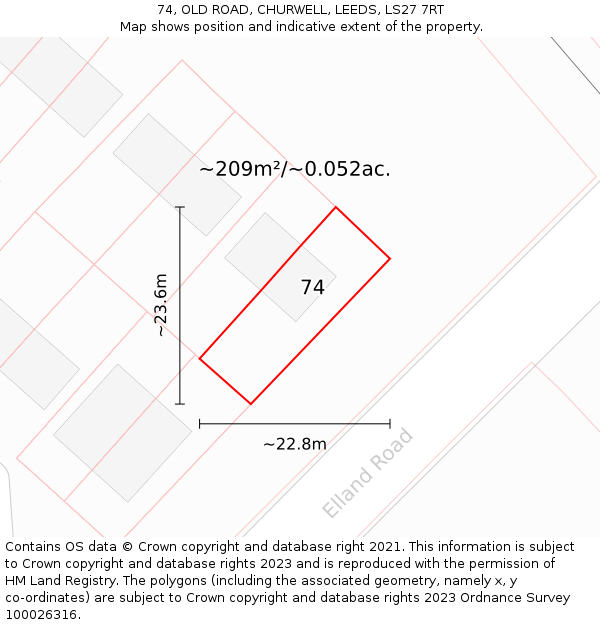 74, OLD ROAD, CHURWELL, LEEDS, LS27 7RT: Plot and title map