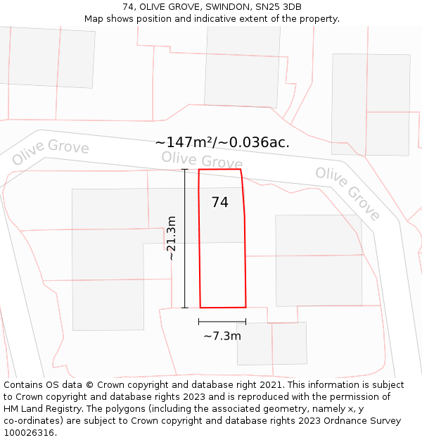 74, OLIVE GROVE, SWINDON, SN25 3DB: Plot and title map