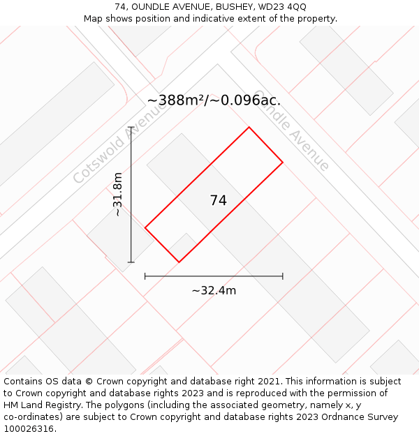 74, OUNDLE AVENUE, BUSHEY, WD23 4QQ: Plot and title map