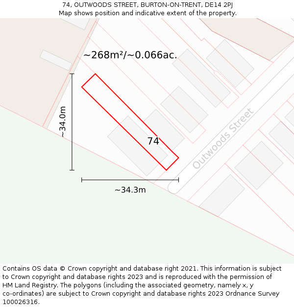 74, OUTWOODS STREET, BURTON-ON-TRENT, DE14 2PJ: Plot and title map