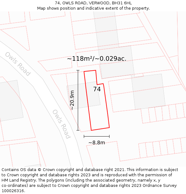 74, OWLS ROAD, VERWOOD, BH31 6HL: Plot and title map