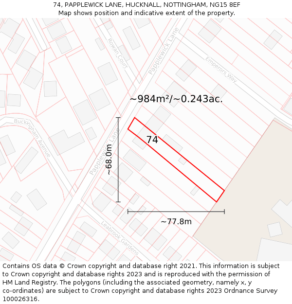 74, PAPPLEWICK LANE, HUCKNALL, NOTTINGHAM, NG15 8EF: Plot and title map