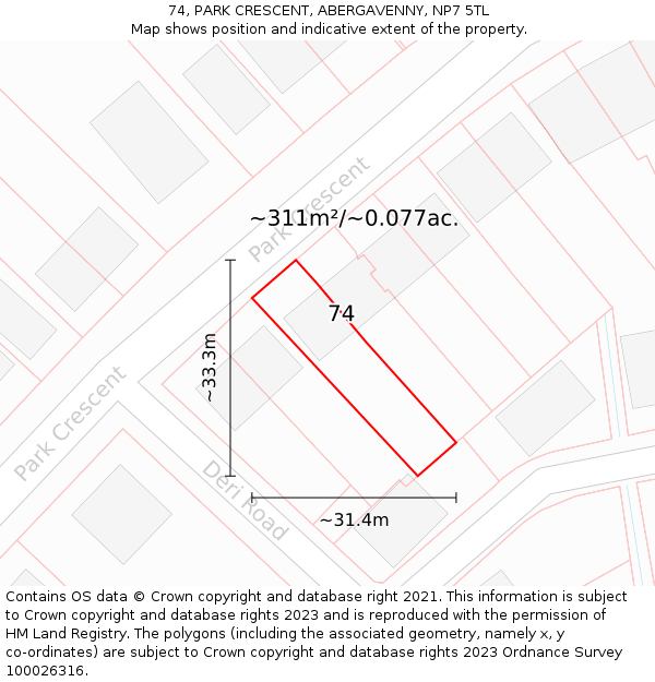 74, PARK CRESCENT, ABERGAVENNY, NP7 5TL: Plot and title map